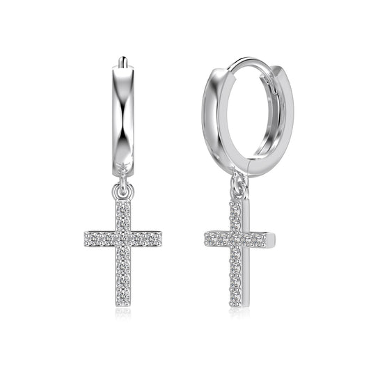 Sterling Silver Rhodium Plated Earrings Celestial Cross