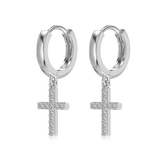 Sterling Silver Rhodium Plated Earrings Celestial Cross